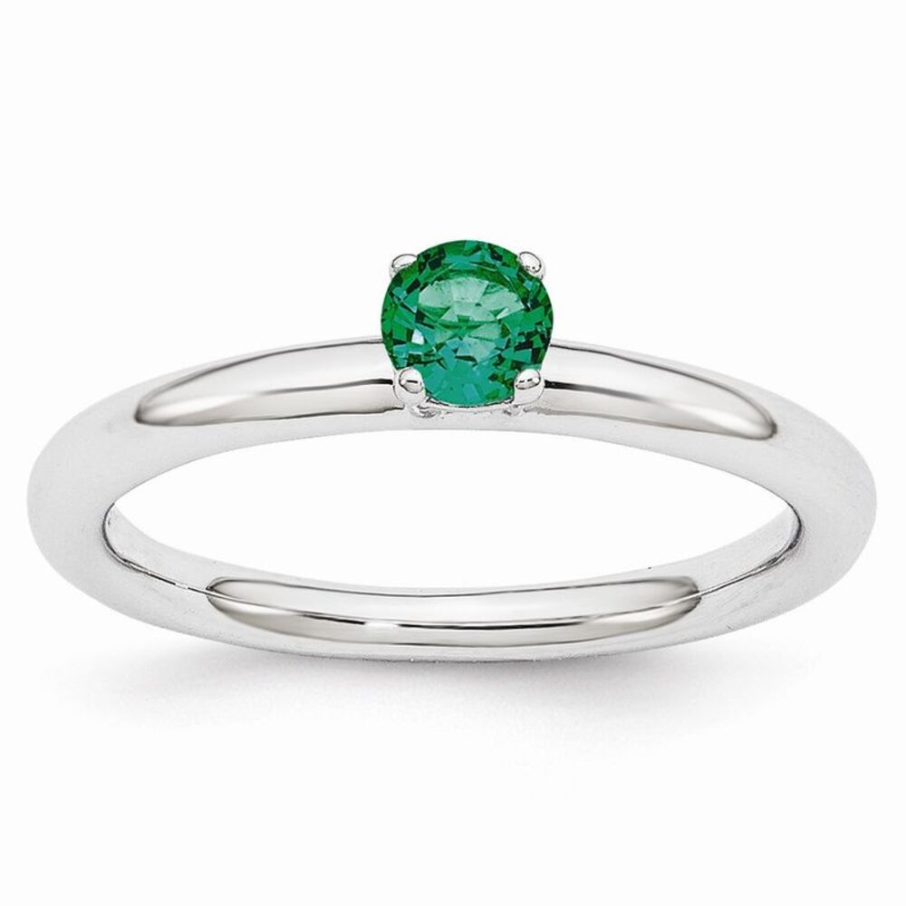 Rhodium Plated Sterling Silver Stackable 4mm Created Emerald Ring Sz 5